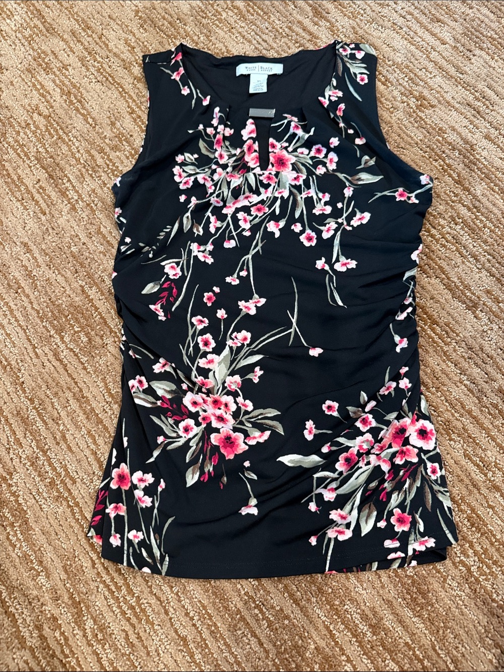 White House Black Market Black Floral Ruched Tank Top